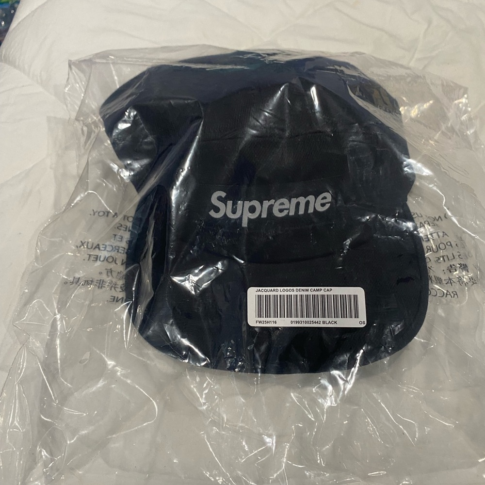 Supreme Jacquard Logos Denim Camp Cap in Black